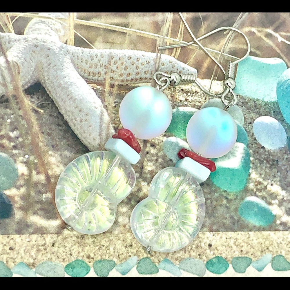 AB Luster Glass Nautilus Shell Coral Blue Opal Chip “Moonstone” Glass Earrings